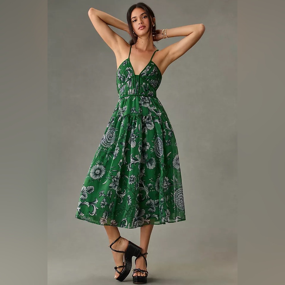 By Anthropologie V-Neck Floral Halter Midi Dress in Green, XXS, Brand New wTags!